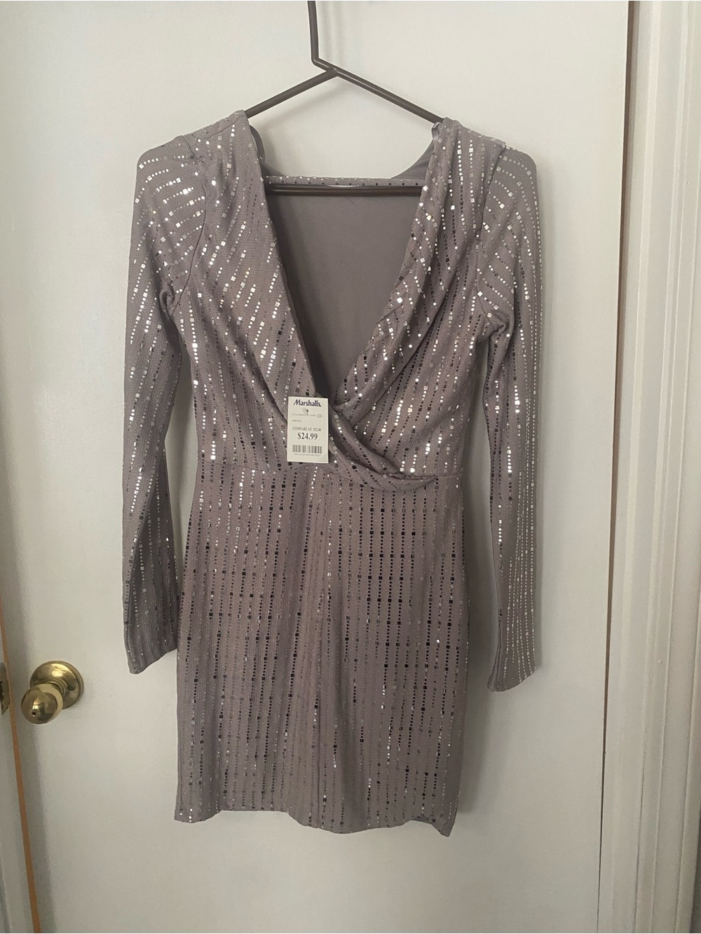 Long-Sleeve Silver Sequin Mini Dress with V-Neck